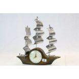 Art Deco ' Smiths ' Teak 8 Day Mantle Clock in the form of a Boat with Three Chrome Sales, 44cms