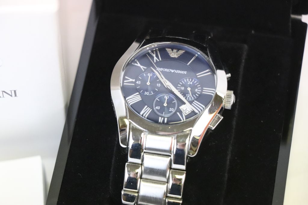 Boxed Gents Emporio Armani Chronograph wristwatch, with blued metallic dial, three sub dials and - Image 3 of 4