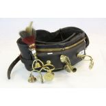 Antique leather horse collar with swinger type horse brasses to include bell type with horse hair