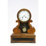 Key wind 19th Century Walnut veneer Mantle clock with Enamel dial and glazed viewing panel to for