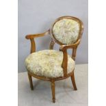 French Style Oak Elbow Chair with Oval Upholstered Back and Stuff Over Seat