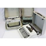 Three cased typewriters Adler Gabriel 25 ,Olivetti Lettera 32 and a Challenger.