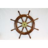 Vintage wooden ships wheel with brass centre, approx. 91cm diameter