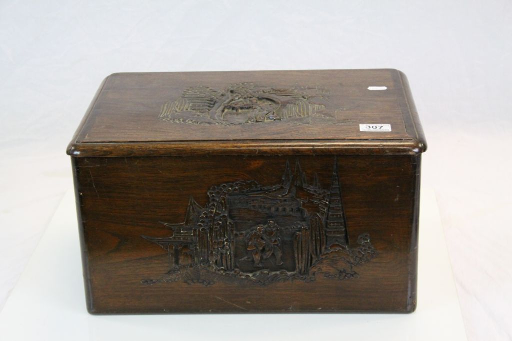 Carved Oriental Hardwood Sewing box with figural scene to lid, measures approx 44 x 31 x 24cm - Image 2 of 5