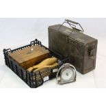 Mixed lot of collectables to include wooden shoe lasts, Jewellery box and a vintage ammunition box.