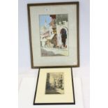 Watercolour of an Istanbul street scene and a similar etching, both indistinctly signed