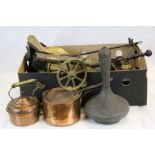 Box of mixed vintage Metalware to include; Brass, Copper, Fireside Tools etc