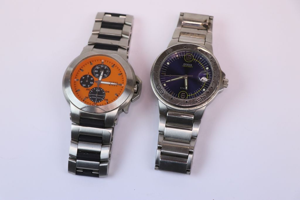 Two Gents Stainless Steel Quartz Gents wristwatches by "Guess", one with orange dial - Image 2 of 3