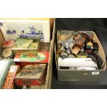 Three boxes of mixed collectables to include vintage advertising tins, cased brush set and vintage