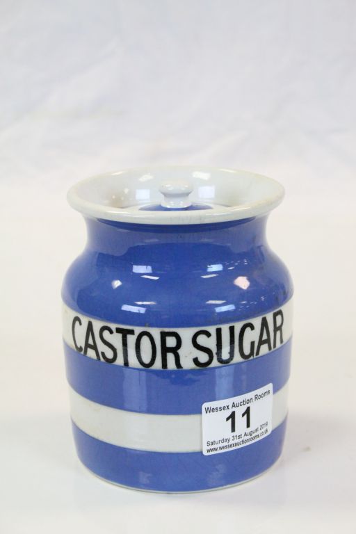 T G Green Cornishware Castor Sugar Storage Jar with black shield stamp, 13cms high