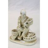 Vintage Japanese Faux Ivory Porcelain model of a seated Fisherman with baskets etc, stands approx