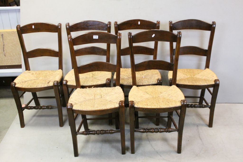 Set of Six French Style Kitchen Chairs with Rush Seats