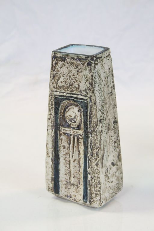 Troika Pottery "Coffin" vase, approx 16.5cm tall, with decorators marks "AL" to base for "Ann Lewis"