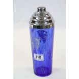 Art Deco style Chrome & Cobalt Blue Glass Cocktail shaker with Etched "Fish" design, stands approx