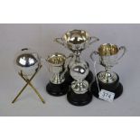 Five silver bowling trophies on stands to include Silver Bowls Trophy, replica of 16th Cup 1943