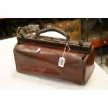 Early 20th century Brown Leather Gladstone Style Doctors Bag with Brass Fittings, 35cms long