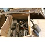 Box of vintage wood planes, gauges, tools etc