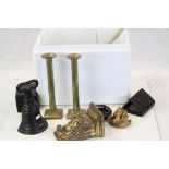 Box of mixed collectables to include a Cast iron Doorstop, pair of Brass Candlesticks, Decoy type