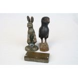 Car Mascot style Brass or Bronze model of a Hare, approx 11.5cm tall, a carved Wooden Bird & an