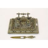 19th Century Brass Ink stand with pierced decoration & twin Inkwells each with hinged lid and
