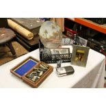 Carved Indian Box with Bone and Ebony Dominoes, Various Photograph Frames, James Dixon Glass Leather