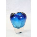 Whitefriars glass "Molar" vase, Blue with clear base and approx 14cm tall