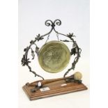 Wrought Iron & Brass Gong with Oak base & striker, stands approx 30cm