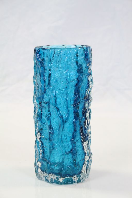 Whitefriars Kingfisher Blue glass vase with Bark effect finish and standing approx 19.5cm