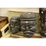 Two African Ethnic Tribal Carved Wooden Face Masks, 50cms high and 42cms high
