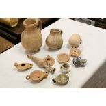 Collection of Five Roman Terracotta / Clay Oil Lamps and Four Roman Terracotta Handled Pots /