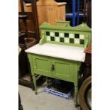 Late 19th century Green Painted Washstand with Art Nouveau Tiles to Back and Marble Top, 85cms