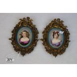 Pair of 19th Century Hand painted Porcelain Portraits of Females with ornate Gilt Metal frames