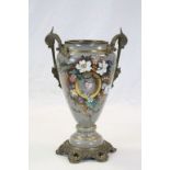 19th Century French painted Glass Oil Lamp base with Floral decoration and profile Female