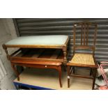 Long Oak Footstool with Woolwork Upholstery together with a Coffee Table and a Bedroom Chair with