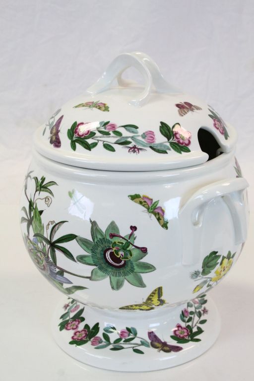 Large Portmeirion twin handled ceramic lidded Tureen with Botanical Garden type decoration, stands