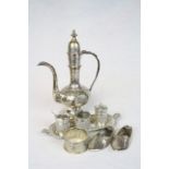 Malaysian Silver condiment set with tray, white metal Coffee pot, Napkin ring etc