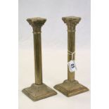 Pair of Brass Corinthian Column Candlesticks, 26cms high