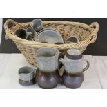 Studio pottery tea and dinner service in wicker basket (18 pieces)