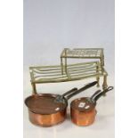 Two Brass Trivets & two Copper Saucepans with lids, both with steel handles