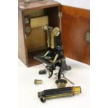 Wooden cased vintage Microscope by "C Baker" with focal & magnifying Lenses etc, case approx 28 x 19