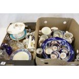 Two boxes of mixed vintage ceramics & glass to include; flow blue Wash Bowl, Decanters etc