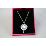 Silver CZ and central blue topaz panel necklace on silver chain
