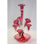 Large vintage Cranberry Glass Epergne Centrepiece comprising of three Baskets, three Flutes and