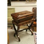 19th century Rosewood and Satinwood Inlaid Work Table, the hinged lid opening to reveal storage