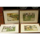 Four Framed and Glazed Humorous Cricket Prints including Three Crombie Prints, 15cms x 20cms