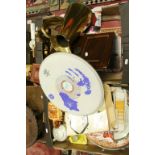 Two Trays of Mixed Collectables including Stationery Cabinet, Brass Jug, Blue Man Group Drum and