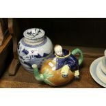 Vintage Majolica type ceramic Teapot styled as an Oriental boy climbing on a Vegetable, approx 17.