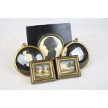 Ebonized framed silhouette of a girl, two oil painting miniatures and two cameo portraits (5)
