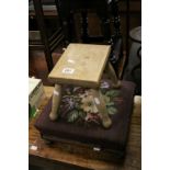 Victorian Square Footstool with Woolwork Upholstery raised on bun feet, 35cms wide x 14cms high
