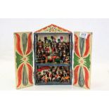 Small wooden cupboard painted and covered in Gesso, containing 22 figures, possibly East European